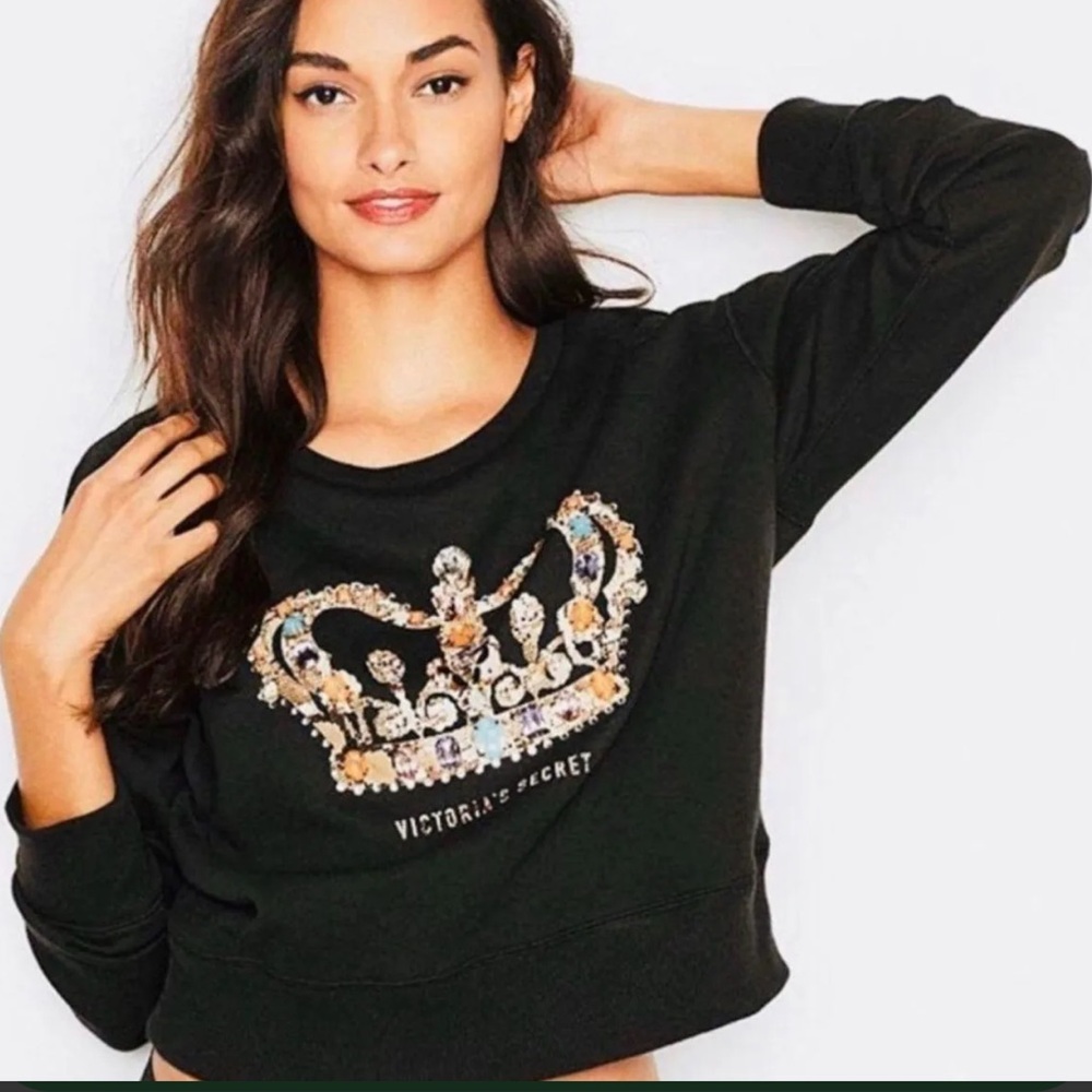 Victoria's Secret Runway Collection Black Crown Cropped Sweatshirt size S Glam